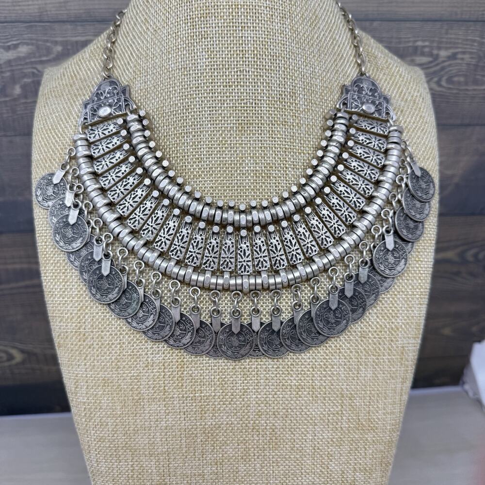 Vintage Boho Tribal Silver Tone Coin Charm Statement Bib Collar Necklace